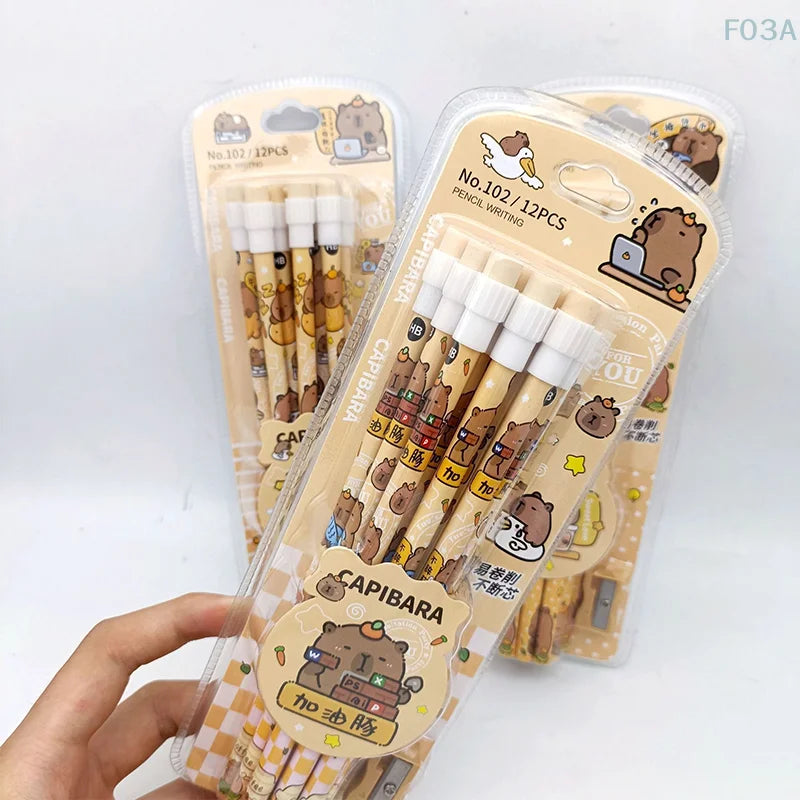 12Pcs Capybara Pencils Cute HB with Sharpener for School Stationery