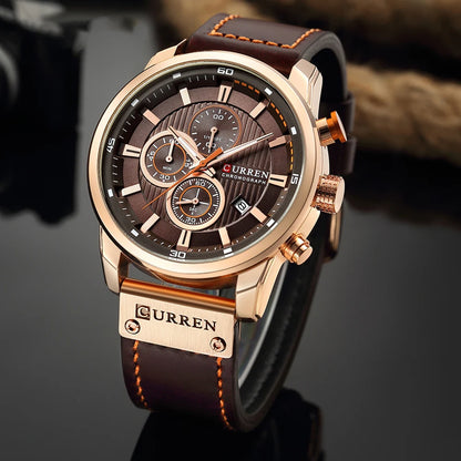 Curren Mens Watch Waterproof Quartz Chronograph Leather Strap 8291