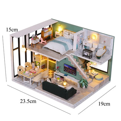 Wooden Miniature Duplex Dollhouse DIY 3D Puzzle Kit with Furniture LED Decoration Gift - EXPROTAS