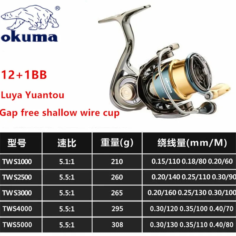 Okuma Fishing Reel 12+1BB Max Drag 15KG Spinning Reel 1000-5000 Size