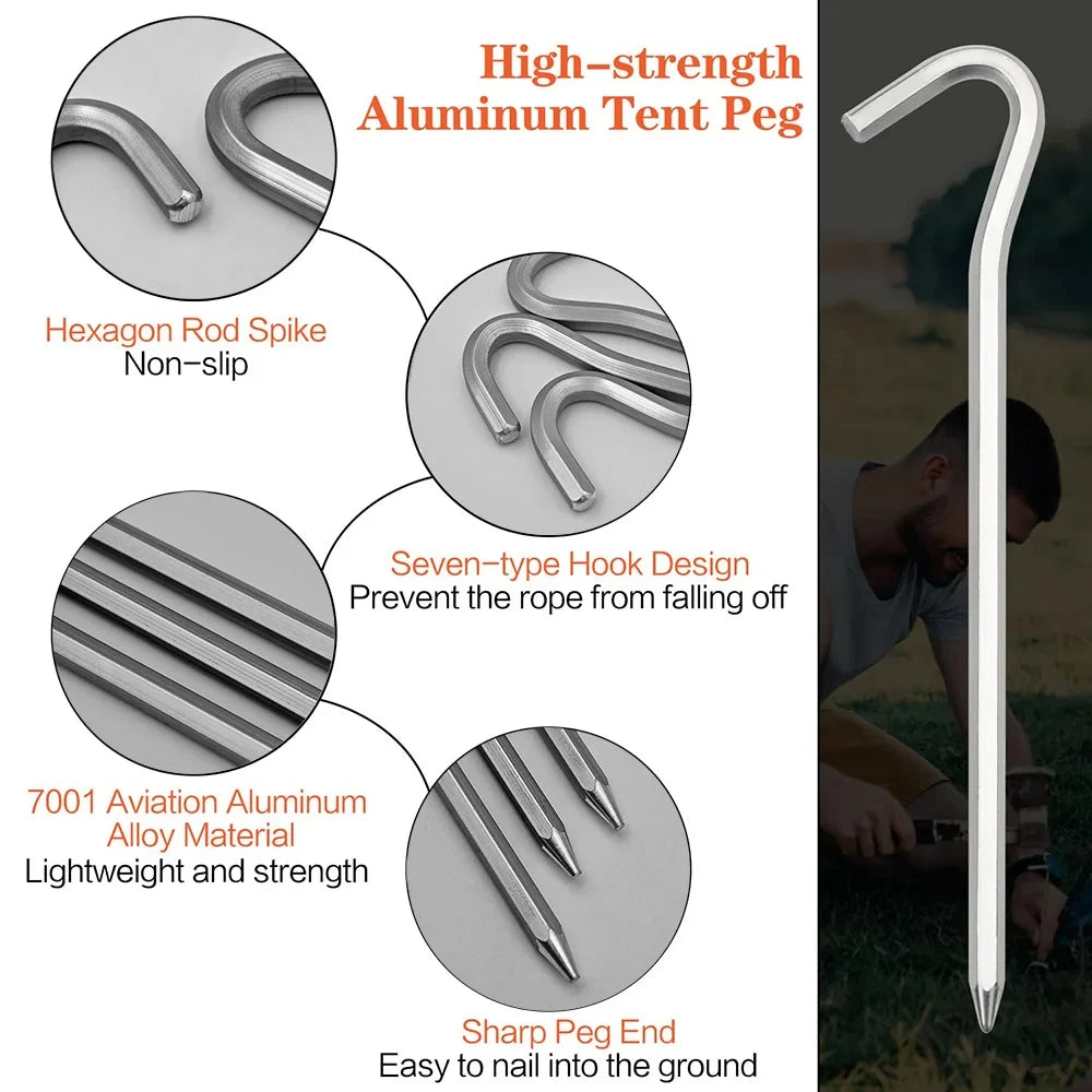 10pcs Aluminum Tent Stakes Pegs with Hooks Light Ground Pegs for Camping Tarp