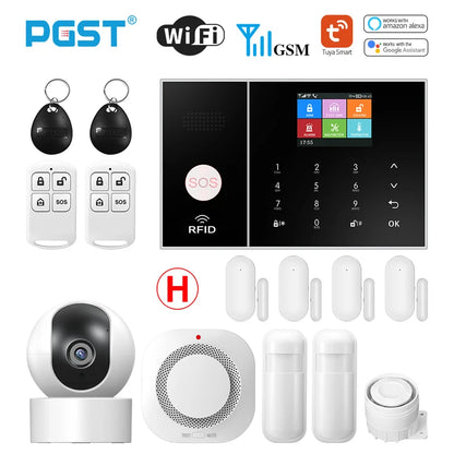 PGST Smart Life Alarm System for Home WIFI GSM Security Alarm Host with Door and Motion Sensor Tuya Smart App control work Alexa-EXPROTAS