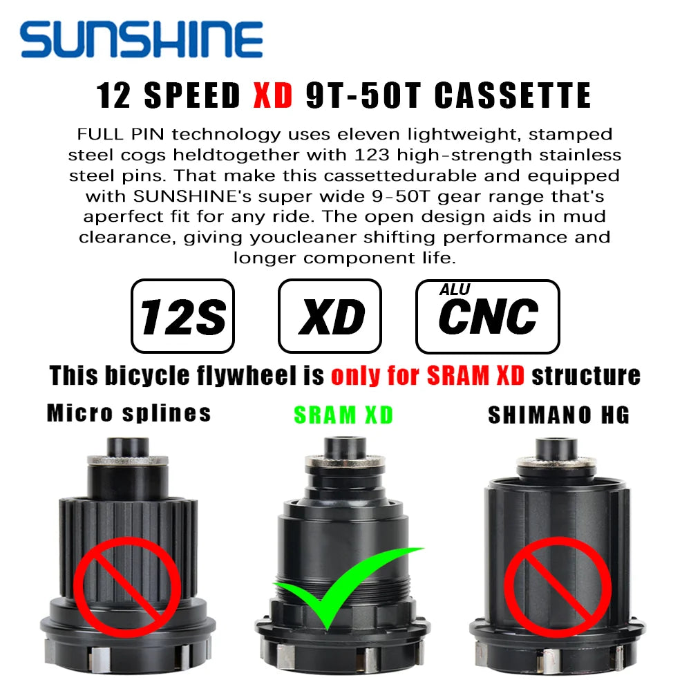 SUNSHINE XD MTB Cassette 12 Speed 9–50T Black Compatible SRAM XD Freehub - EXPROTAS