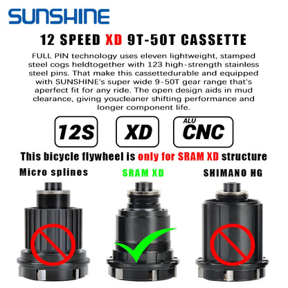 SUNSHINE XD MTB Cassette 12 Speed 9–50T Black Compatible SRAM XD Freehub - EXPROTAS