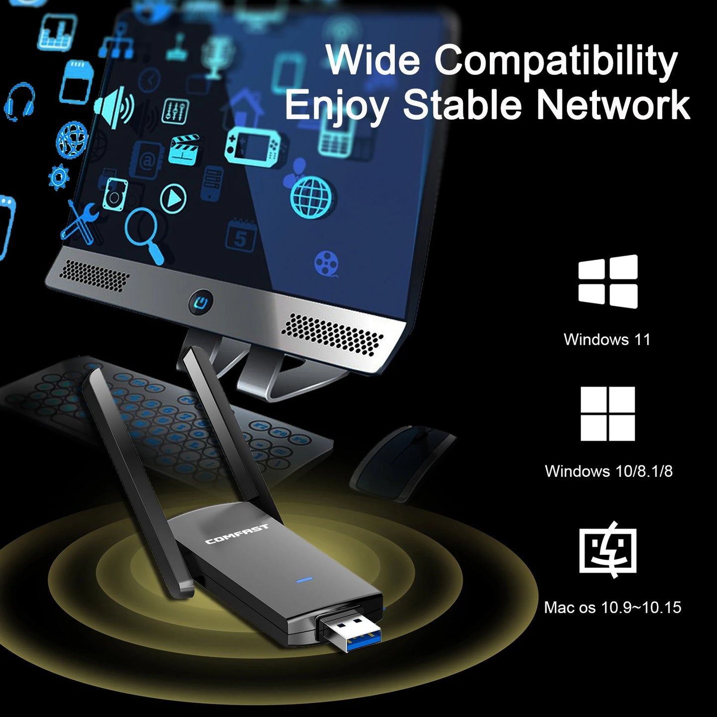 COMFAST Wifi USB Adapter WIFI6 1300Mbps Network Card 2.4G/5.8Ghz USB3.0/2.0 WIFI Dongle Receiver Driver Free For PC Win10/11