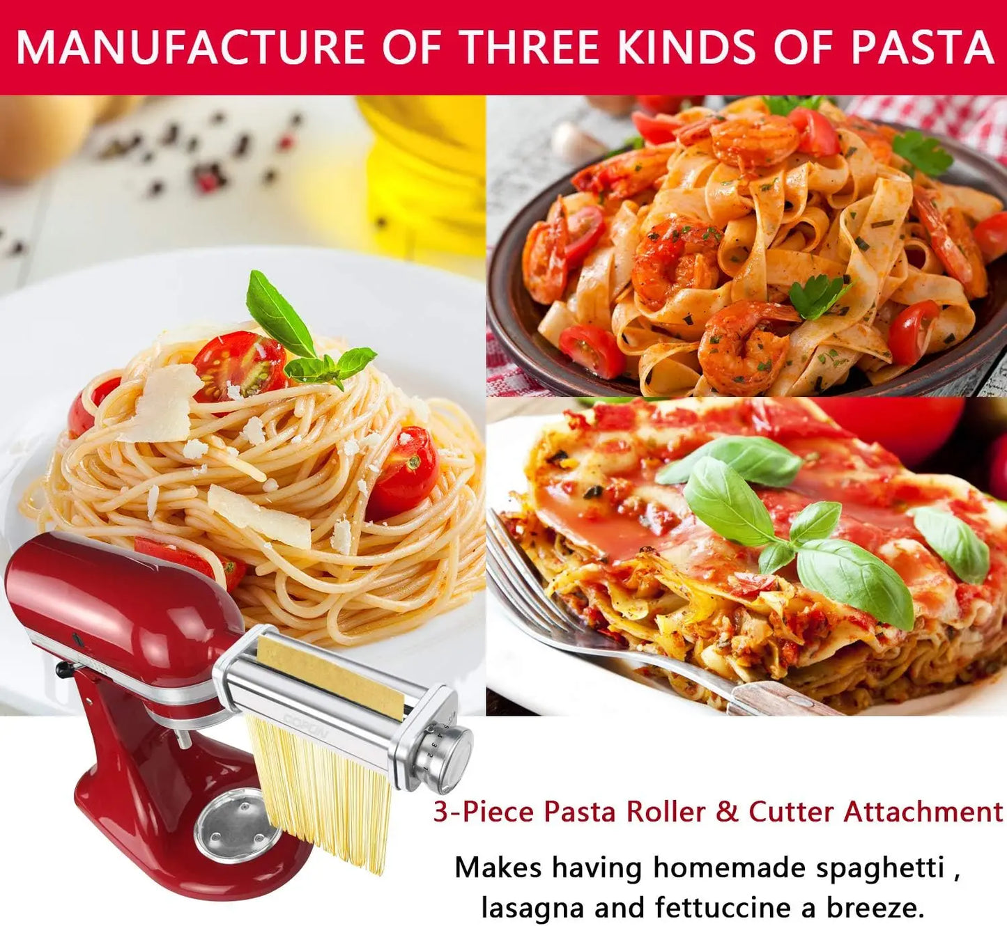 Pasta Attachment for KitchenAid Mixer, Pasta Sheet Roller, Spaghetti Fettuccine Cutter,Stainless Noodle Fit All KitchenAid Chef-EXPROTAS