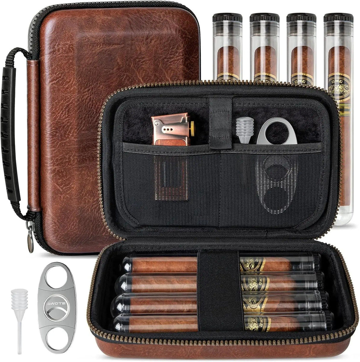 Leather Cigar Case Portable Travel Bag with 4 Tubes and Accessories