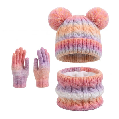 Kids Winter Hat Scarf Gloves 3Pcs Set Warm Knitted Beanie Pom