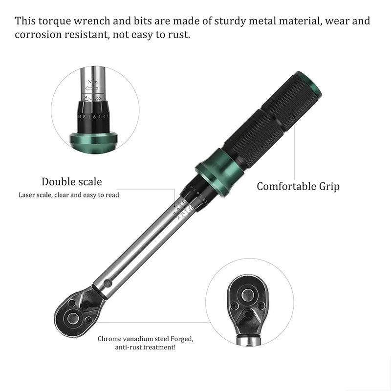 1/4'' Drive 2-24N.m Precise Double Scale Torque Wrench Set MTB Bike Socket Spanner Bicycle Motorcycle Ratchet Repair Toolbox Kit-EXPROTAS