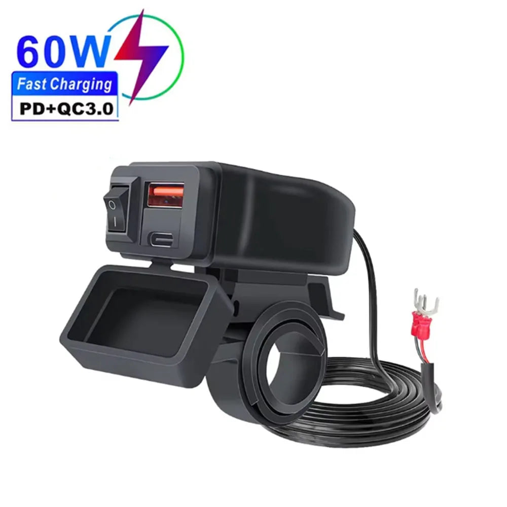 Dual USB Socket Motorcycle Charger 60W Waterproof PD QC3.0 Voltmeter Handlebar