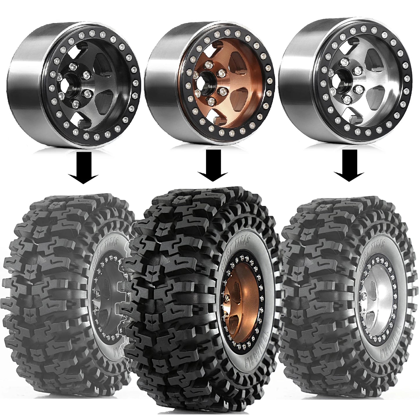 1.9" RC Beadlock Wheels | Metal Rim Tire Set for 1/10 TRX4 Axial D90 RC Crawlers