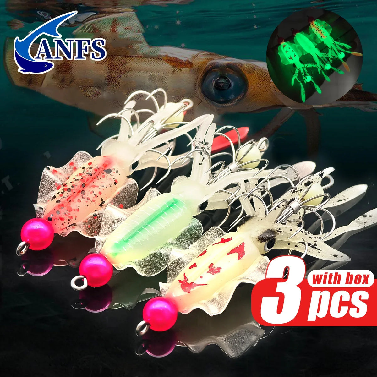 3pcs Squid Jig Hook Lures Luminous Fishing Bait for Shrimp Octopus Cuttlefish
