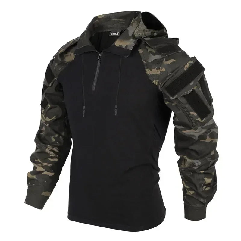 Men's Tactical Long Sleeve Camo Shirt Hooded Quick Dry T-shirt