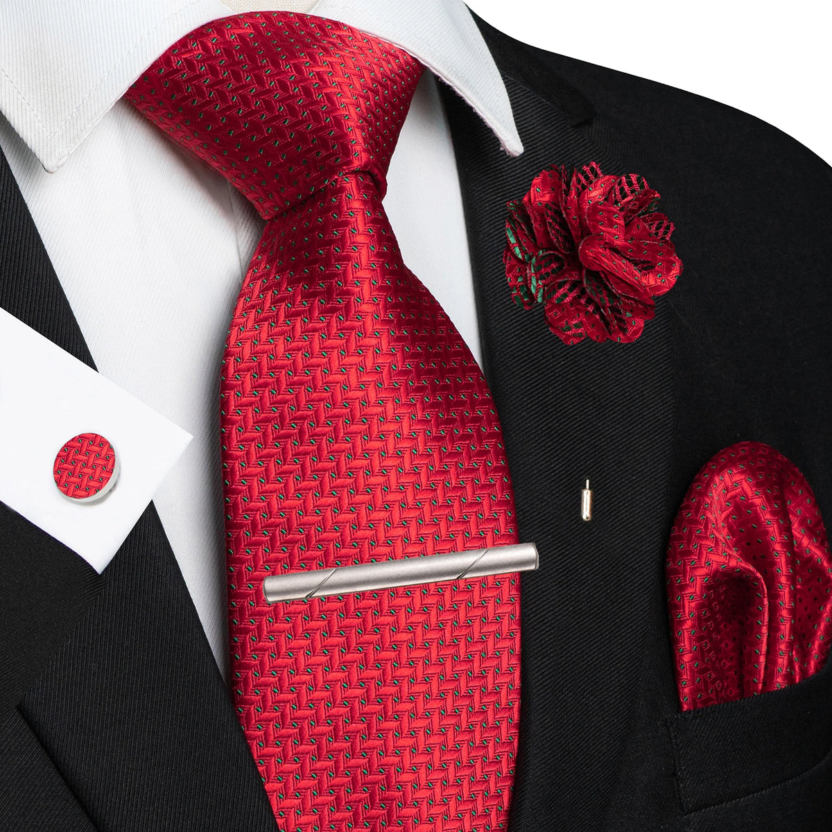 Men's Plaid Tie Clip Set with Pocket Square Cufflinks Wedding Accessories