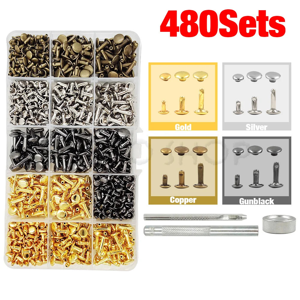 240Pcs Double Cap Rivets Studs Metal for Leather Craft Bag Repair