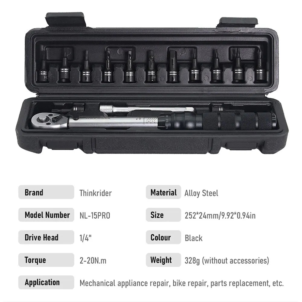 ThinkRider Professional NL-15 PRO Bicycle Bike Torque Wrench 2-20N·m Allen Key Tool Socket Spanner Set Kit-EXPROTAS