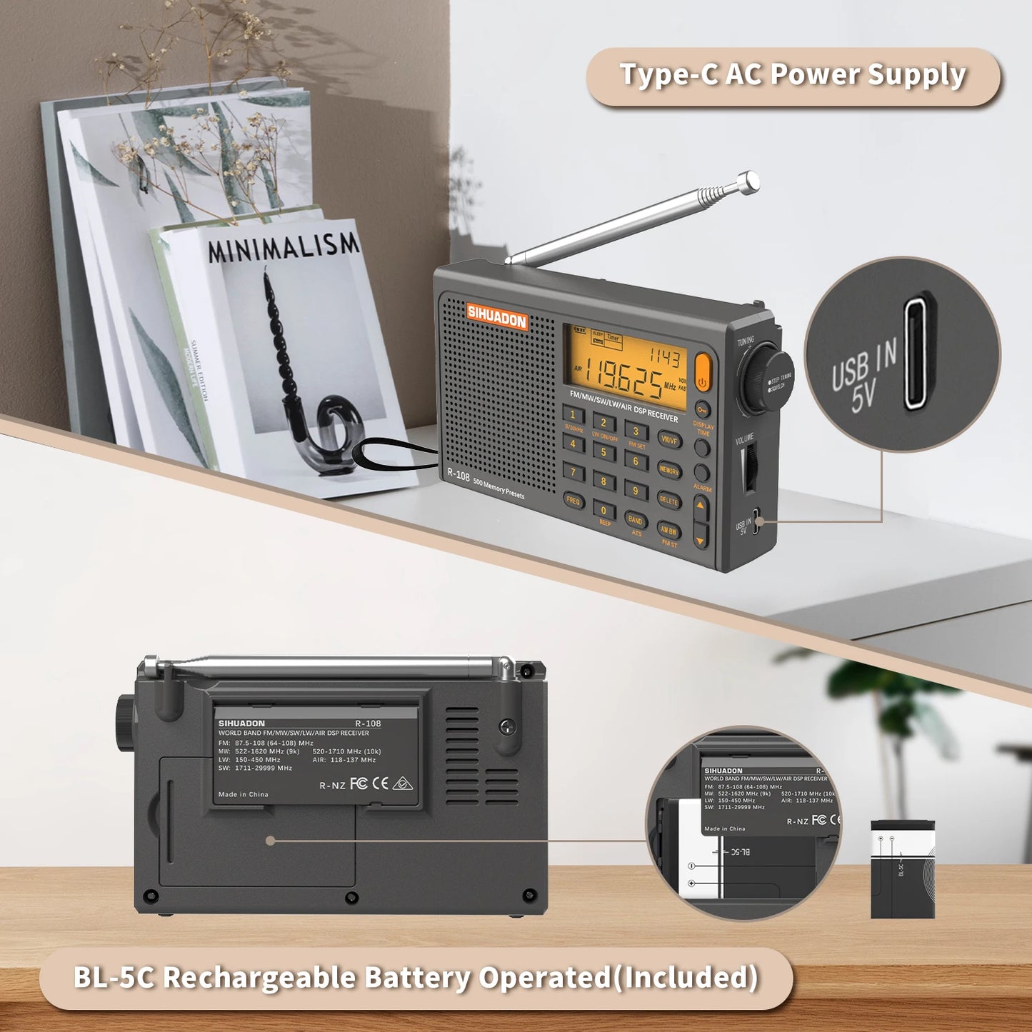 SIHUADON R108 DSP Portable Radio AM FM SW Airband LCD Type-C Receiver 500 Presets - EXPROTAS
