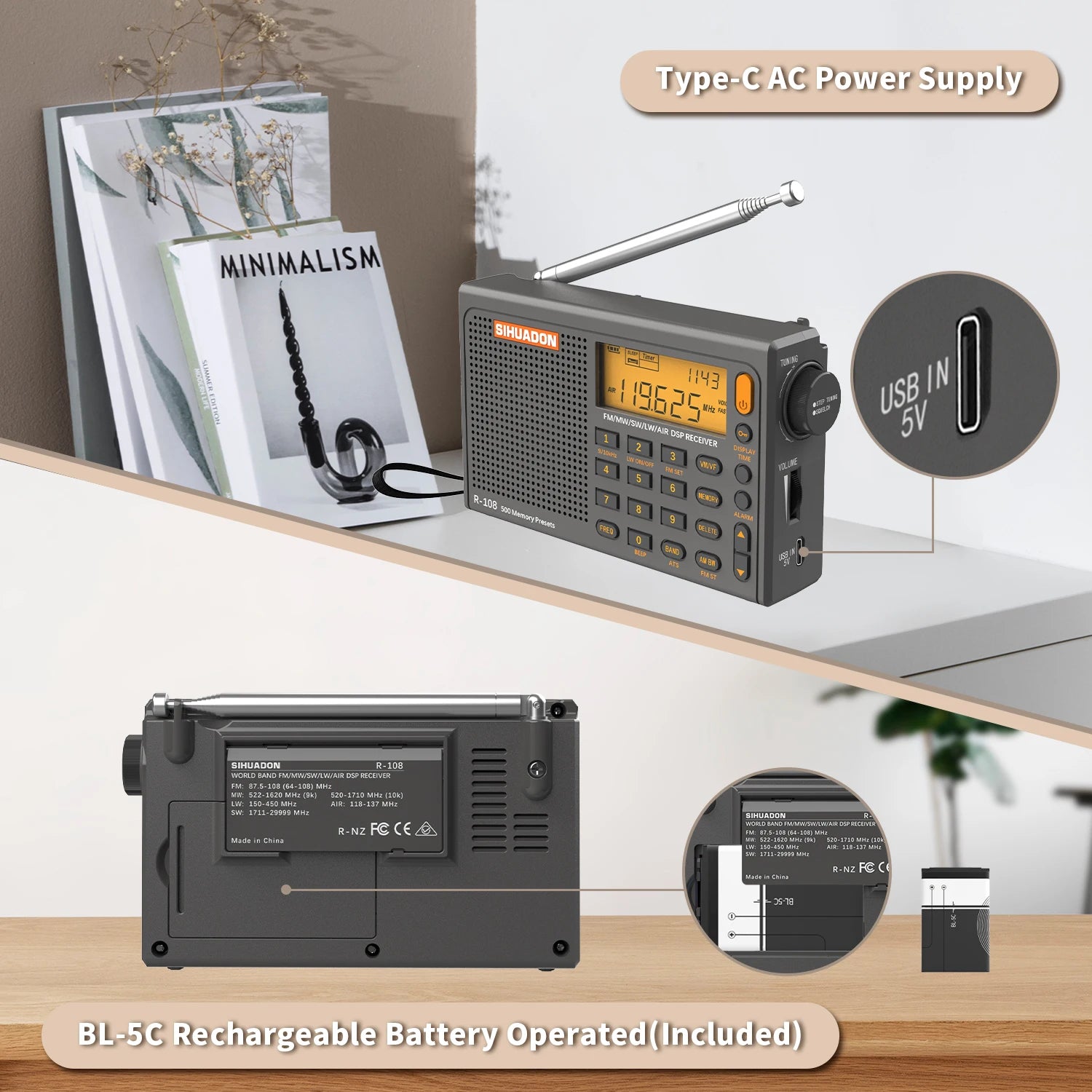 SIHUADON R108 DSP Portable Radio AM FM SW Airband LCD Type-C Receiver 500 Presets - EXPROTAS