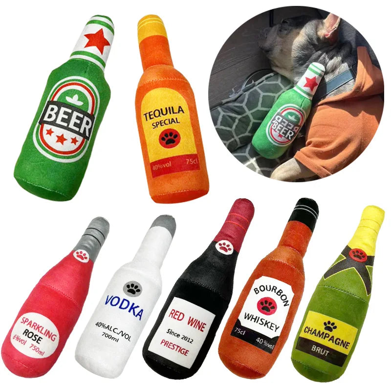 Funny Beer Bottle Plush Dog Toy Squeaky Chew Toy for Small & Large Dogs