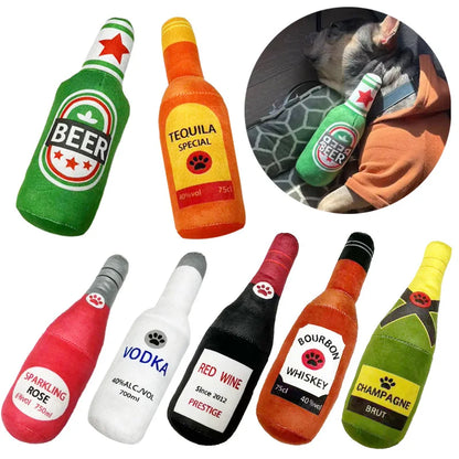 Funny Beer Bottle Plush Dog Toy Squeaky Chew Toy for Small & Large Dogs