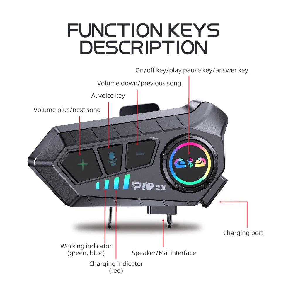 Kebidumei YP10 2X Motorcycle Helmet Bluetooth 5.3 Intercom 300m Waterproof