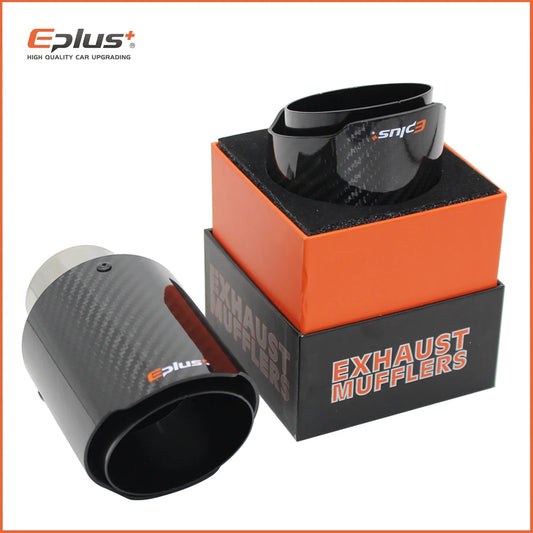 EPLUS Car Glossy Carbon Fiber Muffler Tip Exhaust System Pipe Mufflers Nozzle Universal Straight Stainless Black-EXPROTAS