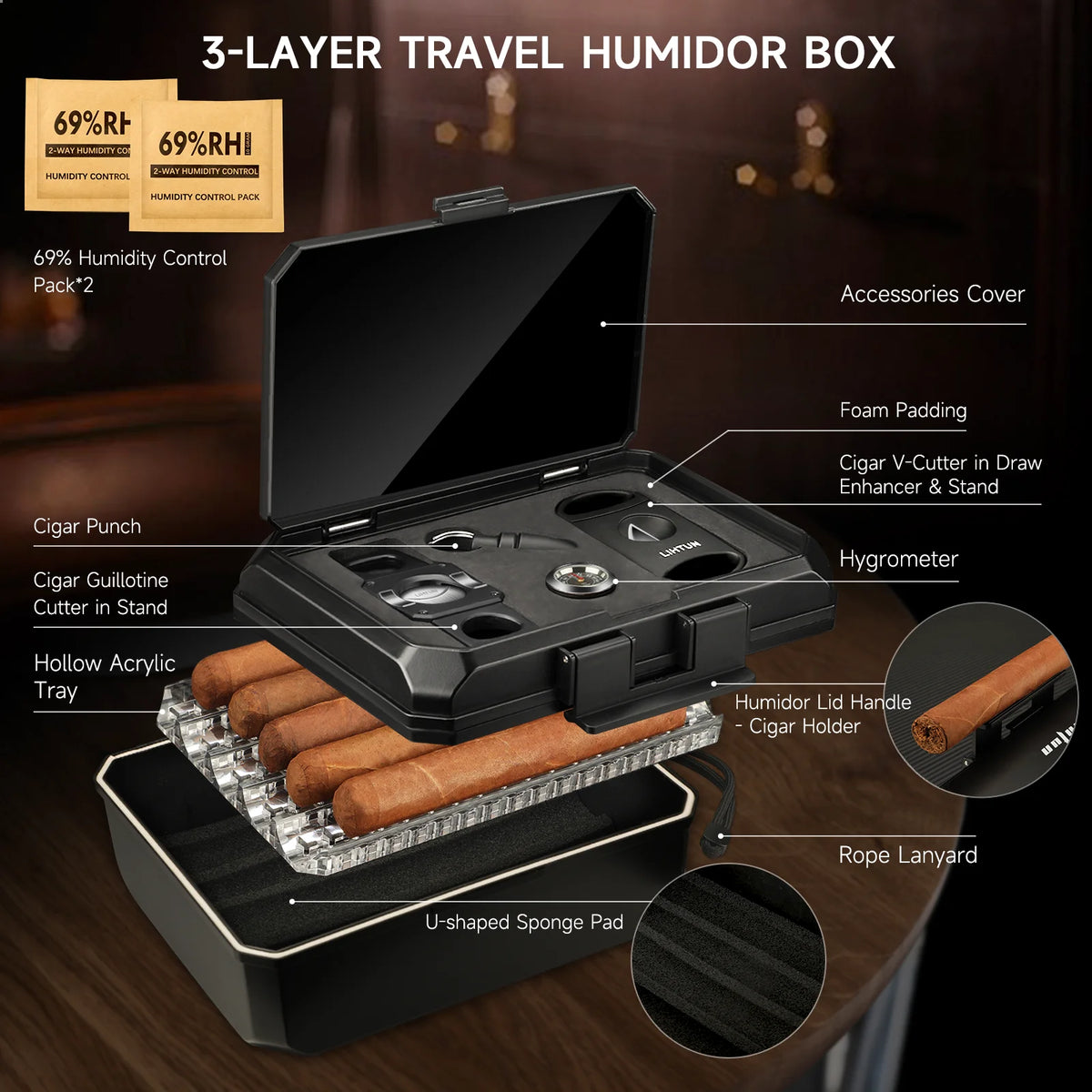 Travel Humidor Box Portable Cigar Case with Cutter and Lighter Holder