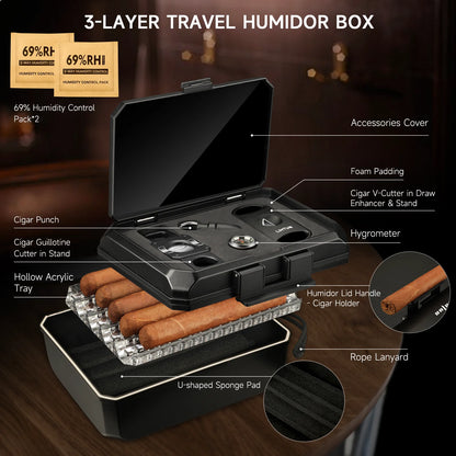 Travel Humidor Box Portable Cigar Case with Cutter and Lighter Holder