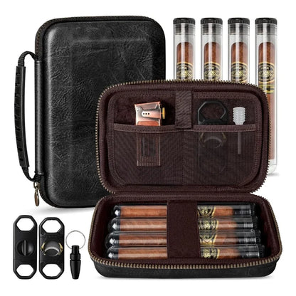 Leather Cigar Case Portable Travel Bag with 4 Tubes and Accessories