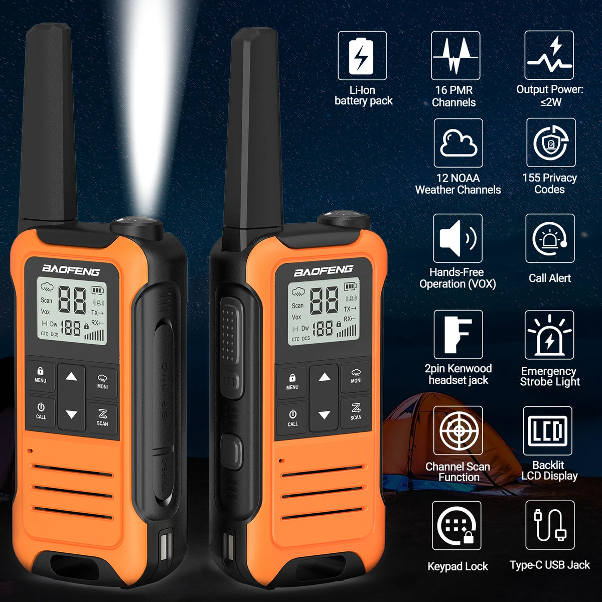 2pcs Two Way Radio Walkie Talkie Long Range Portable Rechargeable for Camping