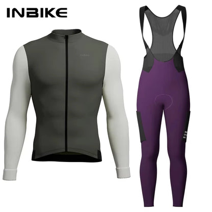 INBIKE Mens Winter Cycling Jersey Bib Tights Set Fleece Road Bike Pockets