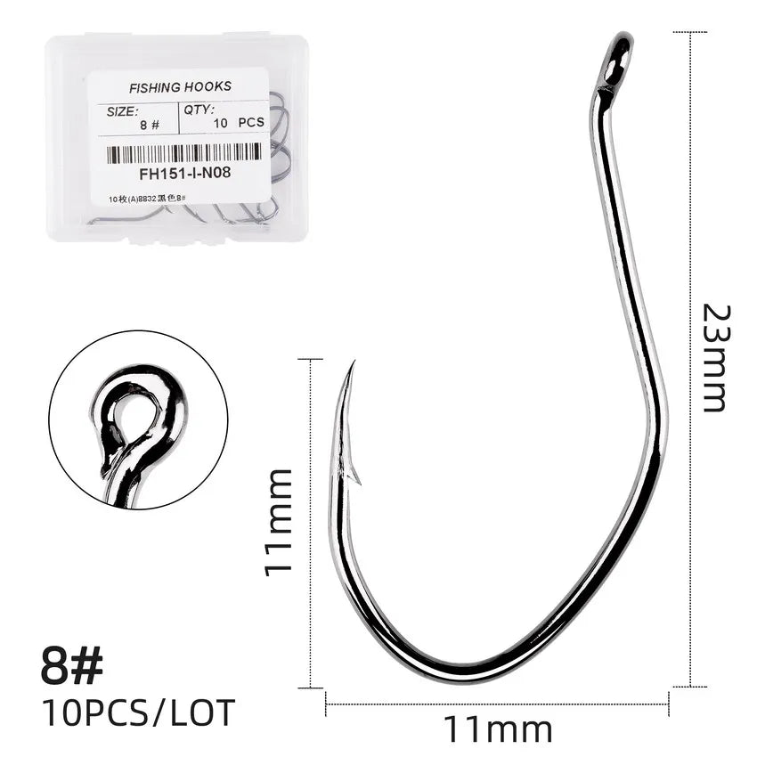 10Pcs Fishing Hooks Barbed Carbon Steel Circle Hook 6/0-10 Catfish Tackle