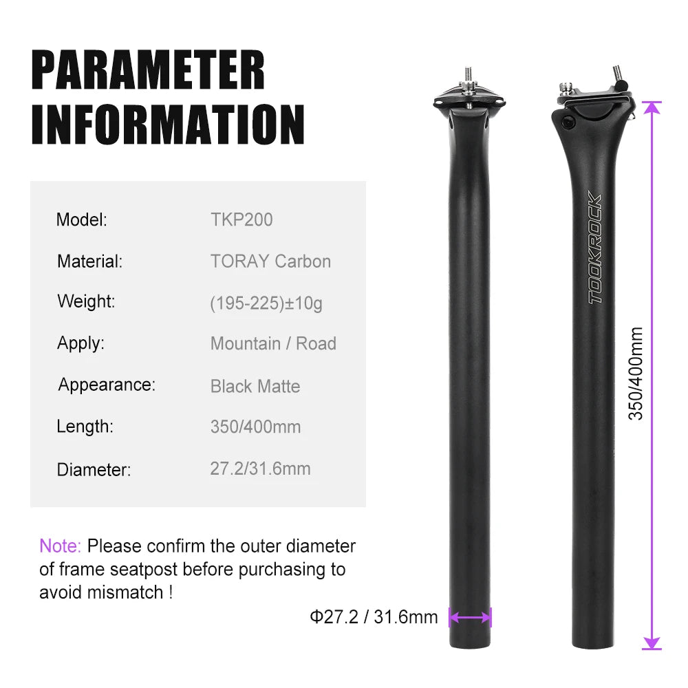 MTB Road Bike Carbon Seatpost 27.2/31.6mm 400mm Toseek Fibre Post