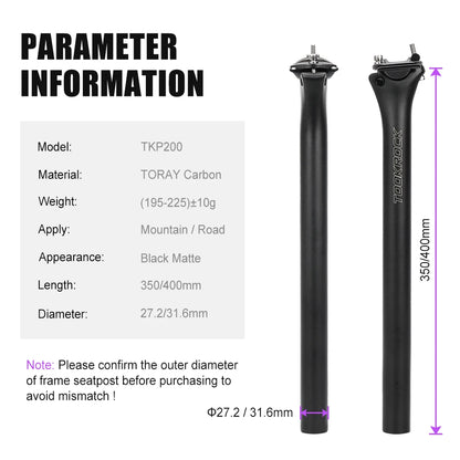 MTB Road Bike Carbon Seatpost 27.2/31.6mm 400mm Toseek Fibre Post