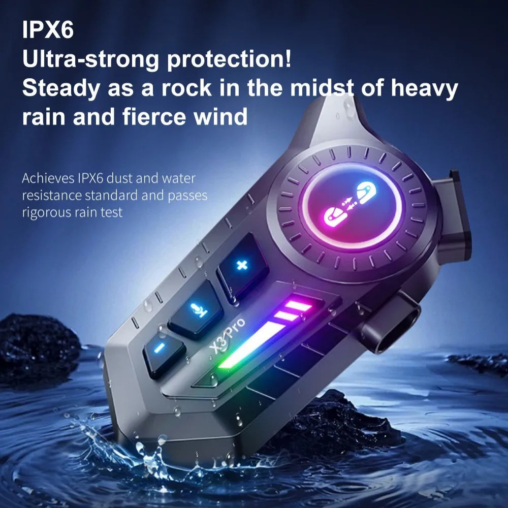 Motorcycle Helmet Bluetooth Headset X3 Pro 1000m 2-Rider Intercom IPX6
