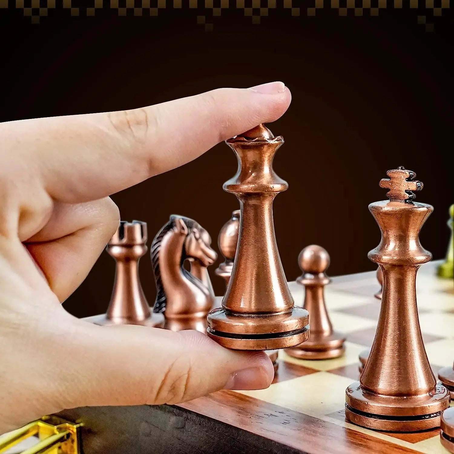 Large Metal Deluxe Chess Retro Copper Plated Alloy Chess Adult Set Board Game Portable Wooden Box Storage Folding Chess Set-EXPROTAS