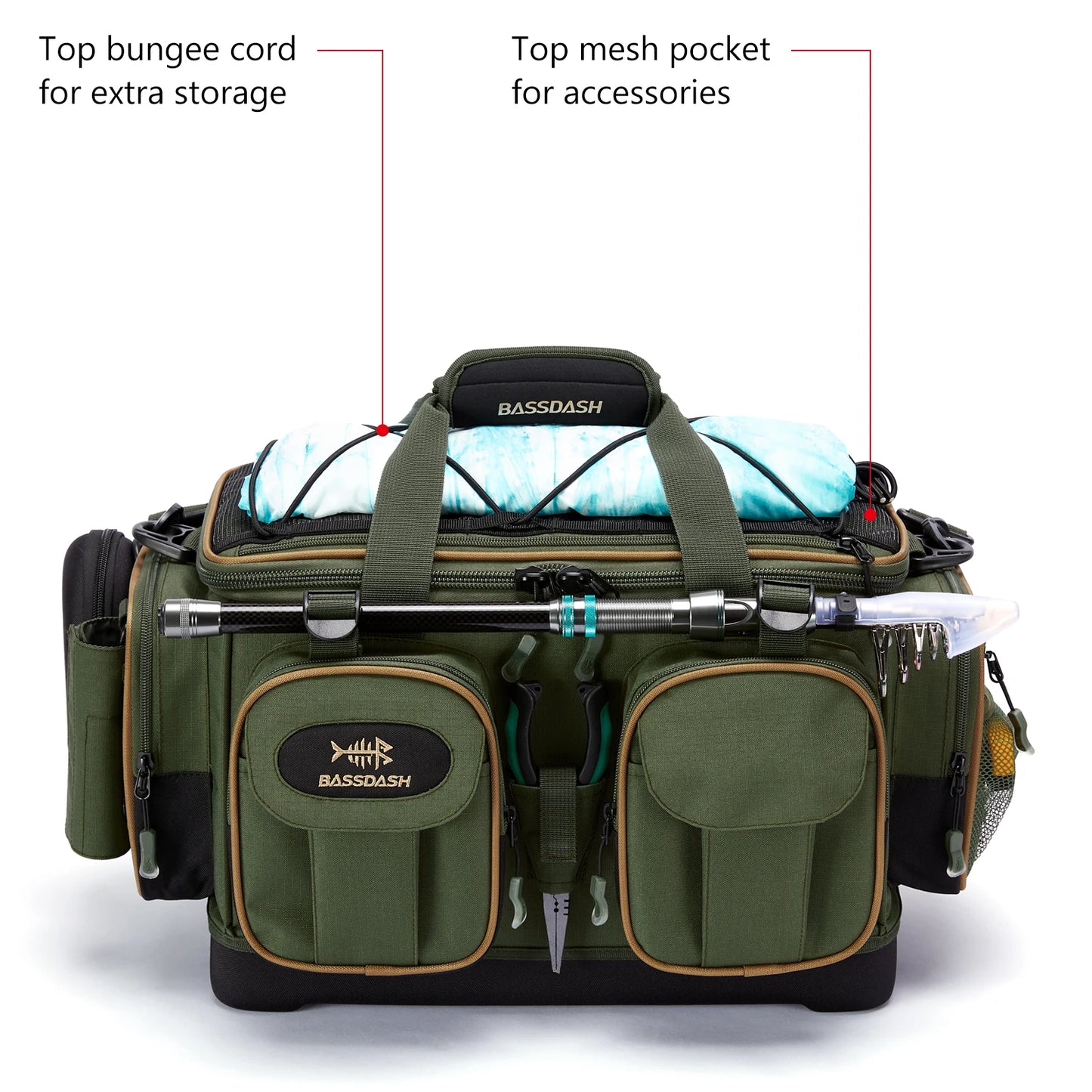 Fishing Shoulder Bag BASSDASH Water Resistant Tackle Pack with Rain Cover