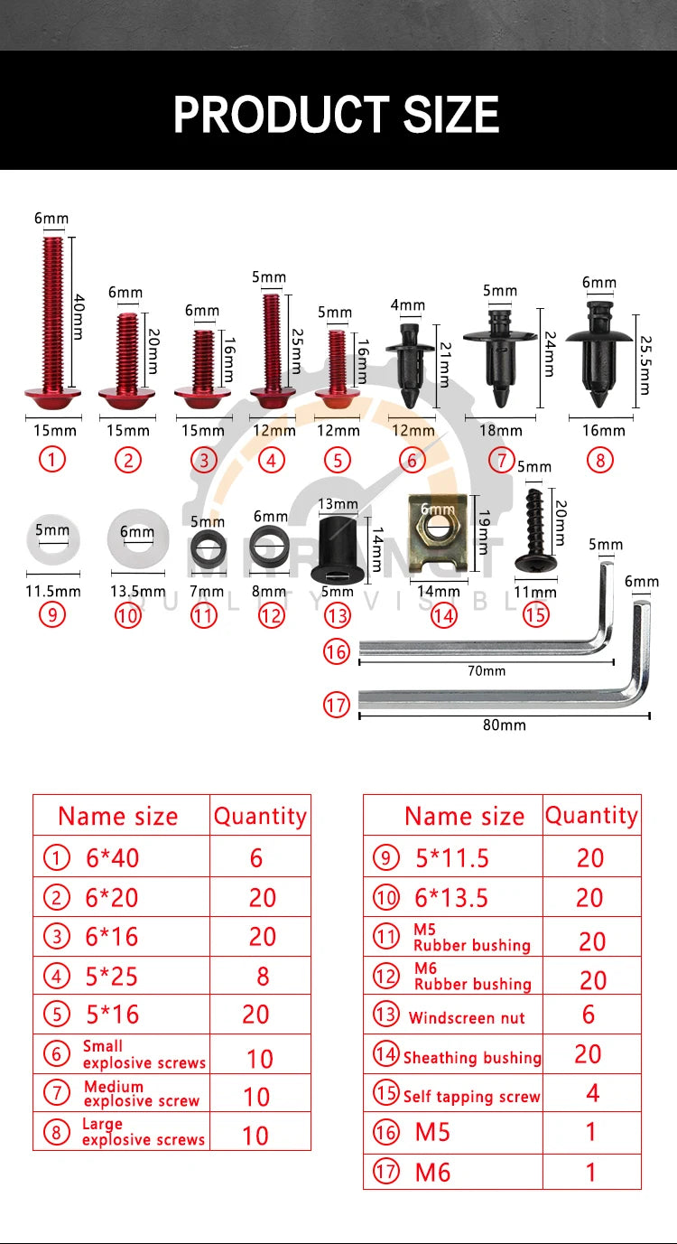 201PCS Motorcycle Universal CNC Fairing Bolt Kits for Dirt Bike