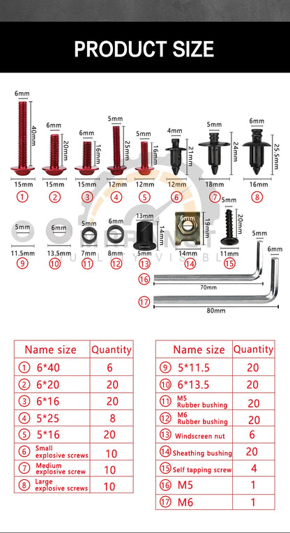 201PCS Motorcycle Universal CNC Fairing Bolt Kits for Dirt Bike