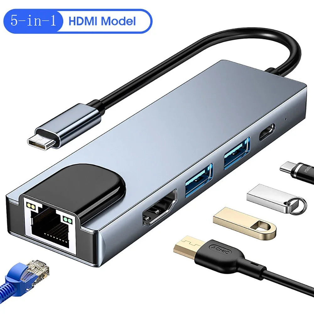 USB Hub Adapter 5 in 1 4K HDMI Ethernet Splitter 100M Data Transfer