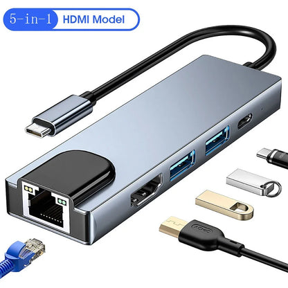 USB Hub Adapter 5 in 1 4K HDMI Ethernet Splitter 100M Data Transfer