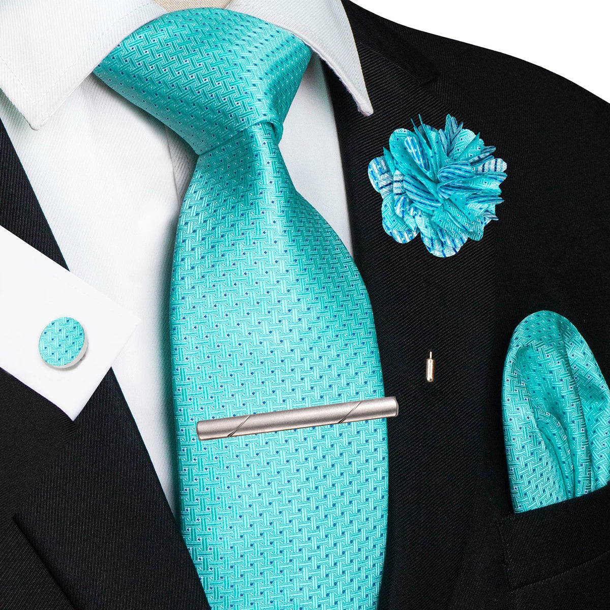 Men's Plaid Tie Clip Set with Pocket Square Cufflinks Wedding Accessories