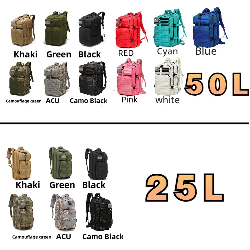 Waterproof Backpack Bag 25L/50L Tactical Outdoor Hiking Rucksack Camping