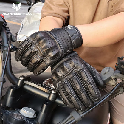 Vintage Genuine Leather Motorcycle Gloves Summer Perforated Breathable CE Approved