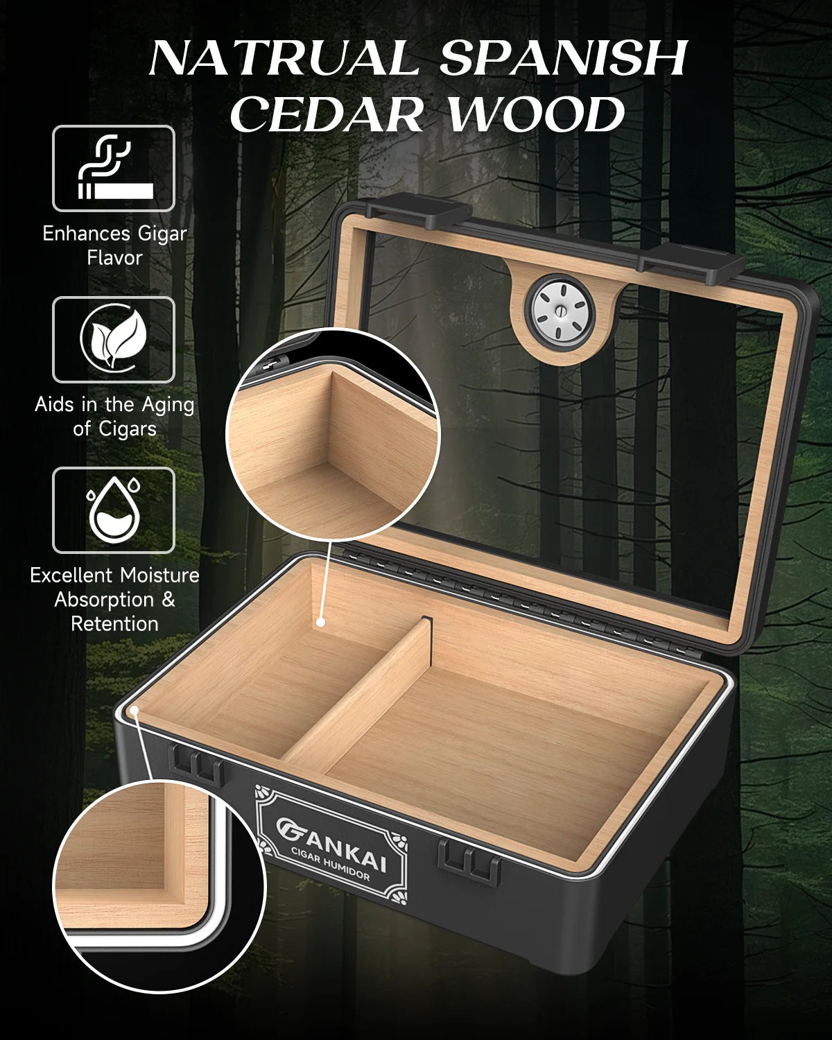 Cigar Box Humidor Cedar Wood Glass Top Desktop Case with Hygrometer for 20-25