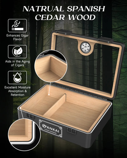 Cigar Box Humidor Cedar Wood Glass Top Desktop Case with Hygrometer for 20-25
