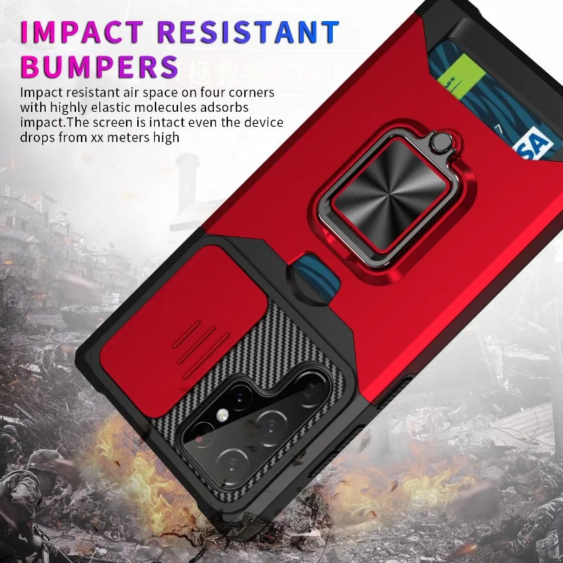 Armour Ring Phone Case for Samsung S21 S22 S23 S24 Ultra Note20 Card Slot