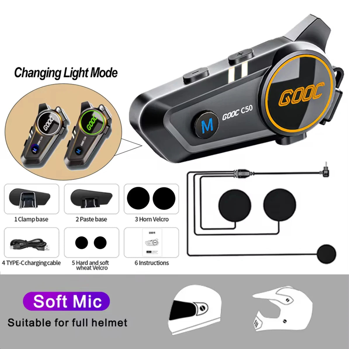 Motorcycle Helmet Bluetooth Headset Heavy Bass IPX7 Ambient Light Hands Free