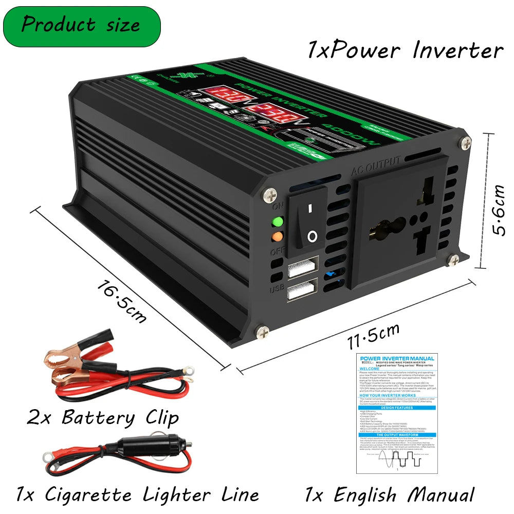 4000W 12V DC to 110/220V AC Power Inverter Dual USB LCD Camping RV