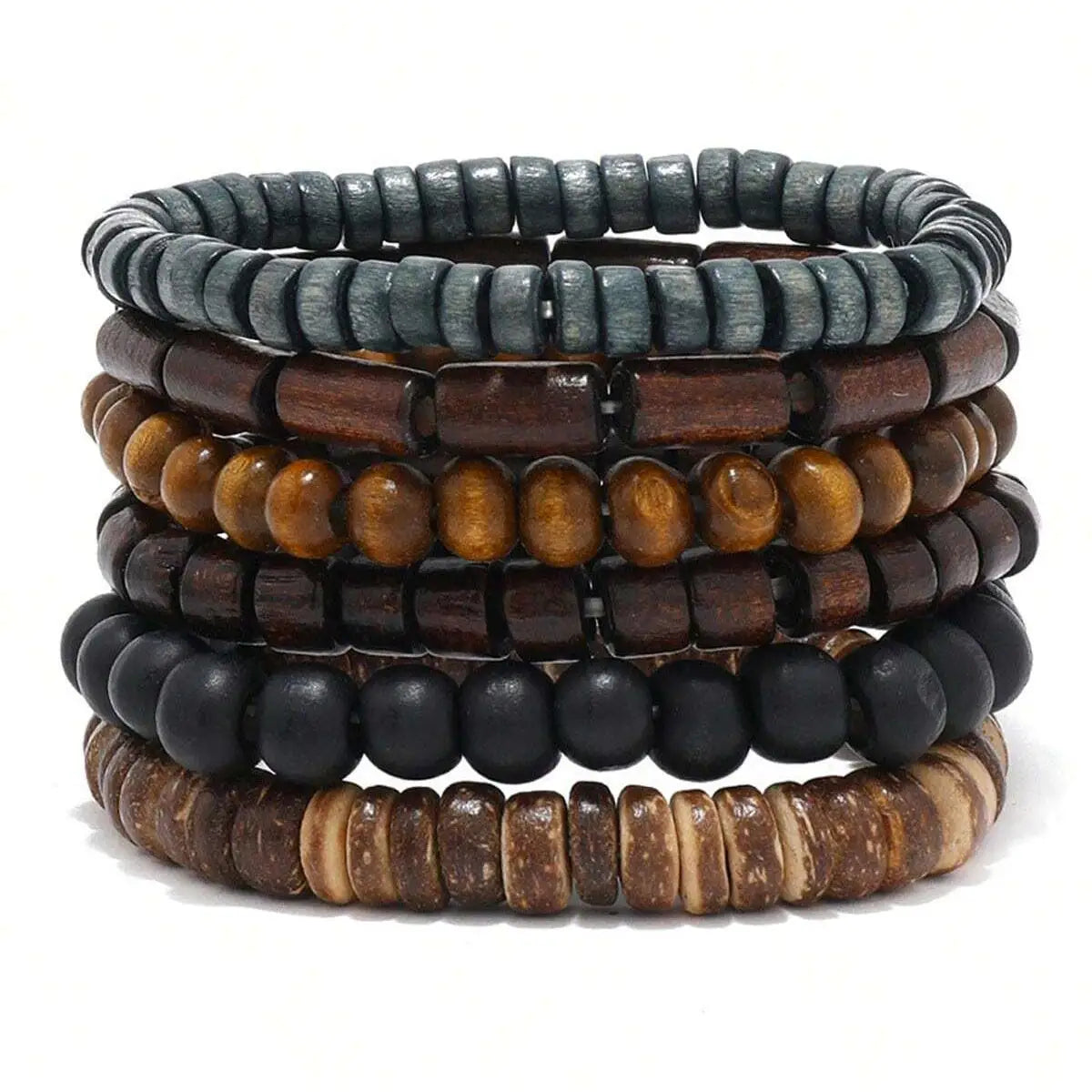 6PCS Wodeen Braided Wrap Leather Bracelet for Men Surfer Wristband Black Brown
